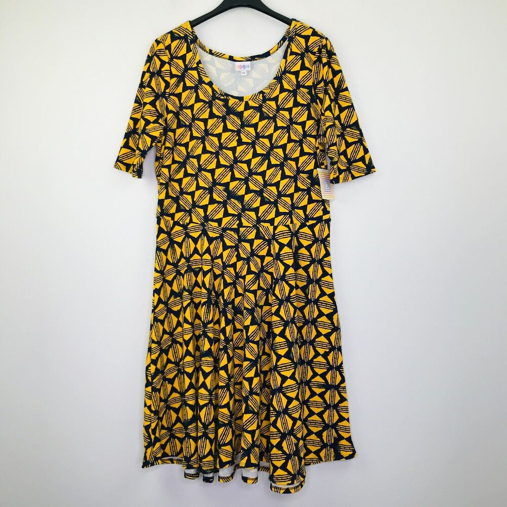 LuLaRoe Women's 3XL Dress Blue Yellow Geometric Print Nicole A-Line NWT BY7